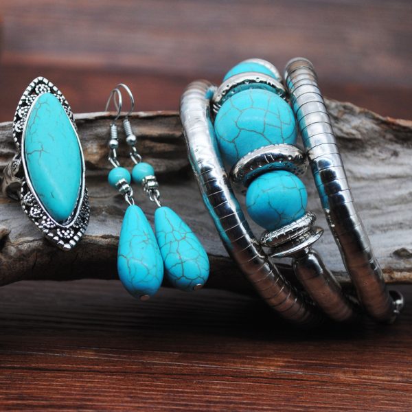 European And American Retro Turquoise Jewelry Ethnic Style Necklace Earrings Ring Bracelet Set