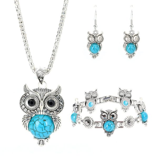 European And American Retro Jewelry Set Ethnic Turquoise Owl Pendant Inlaid Earrings Necklace Bracelet