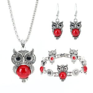 European And American Retro Jewelry Set Ethnic Turquoise Owl Pendant Inlaid Earrings Necklace Bracelet