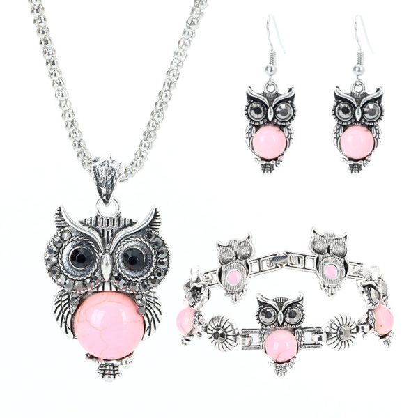 European And American Retro Jewelry Set Ethnic Turquoise Owl Pendant Inlaid Earrings Necklace Bracelet