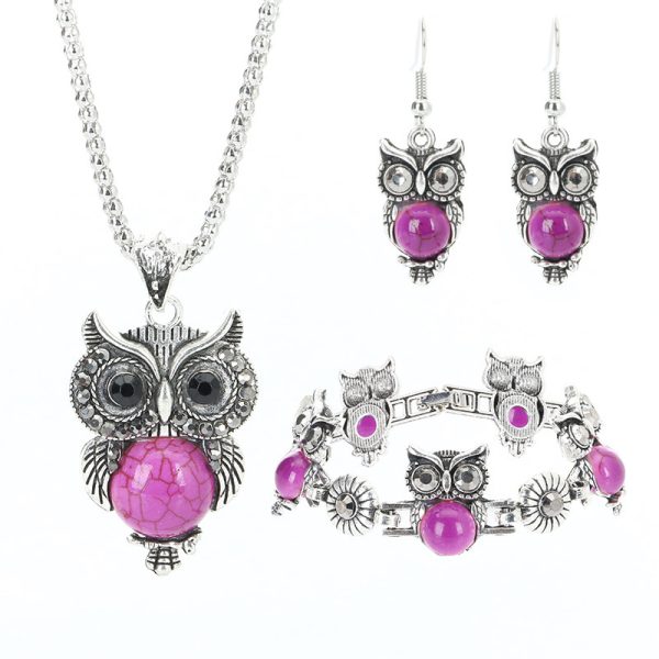 European And American Retro Jewelry Set Ethnic Turquoise Owl Pendant Inlaid Earrings Necklace Bracelet