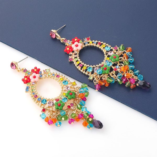 Alloy Acrylic Floral Earrings With Diamond Set Tassel