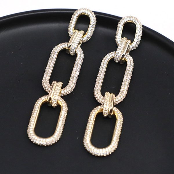 Micro-set Zirconium Diamond Gold Three-ring Chain Earring