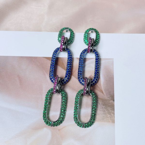 Micro-set Zirconium Diamond Gold Three-ring Chain Earring