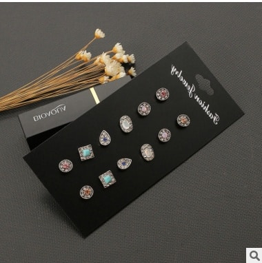 6 Pairs Set Ethnic Earrings Rhinestone  Flower Shape Stud Earring