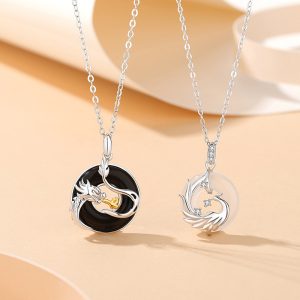 Sterling Silver Dragon And Phoenix Peace Buckle Men And Women Original Zodiac Dragon Black Onyx Necklace