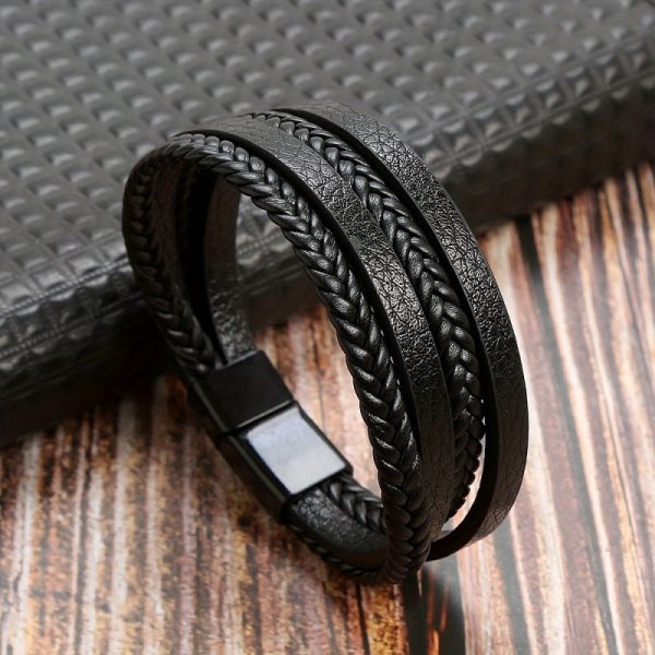 Men's Simple Pu Woven Alloy Magnetic Buckle Bracelet
