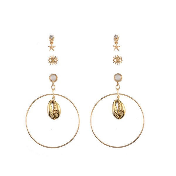 Ocean Starfish Big Circle Shell Earrings Beach Natural Eyes Gold Plated Bell Pendant 3 Pairs Set Stud Earrings