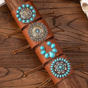 Vintage Western Denim Blue Turquoise Animal Leather Bracelet