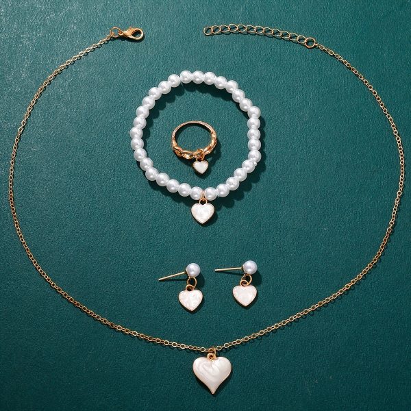 Girls Jewelry Cute All-match Oil Drop Heart Necklace Earrings Ring Bracelet Four-piece Set