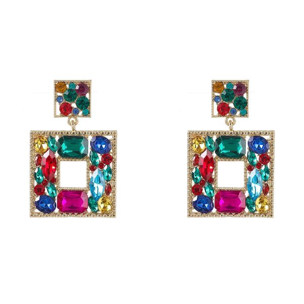 Multi-layered Square Alloy Diamond-set Glass Diamond Geometric Earrings
