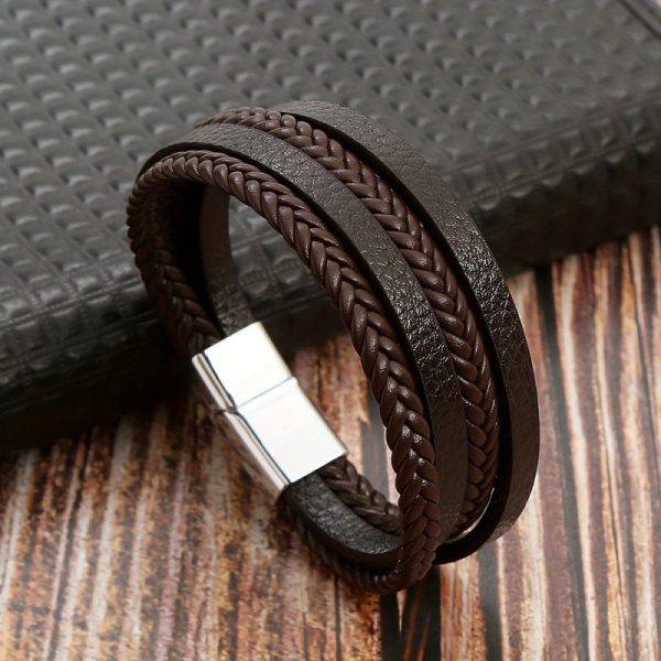 Men's Simple Pu Woven Alloy Magnetic Buckle Bracelet
