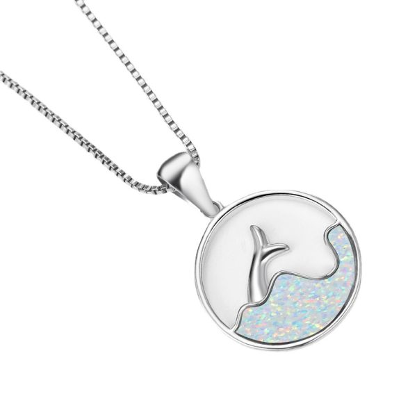 White Gold Round Blue Opal Sea Fishtail Necklace