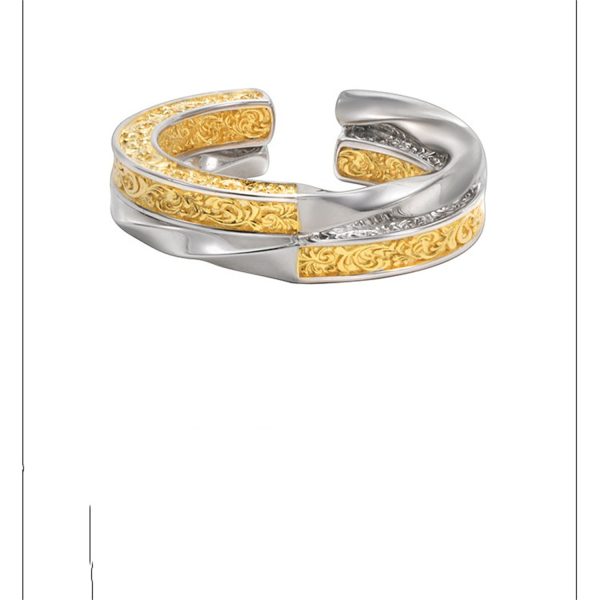 Gold And Silver Color Blocked Tang Grass Pattern Ring