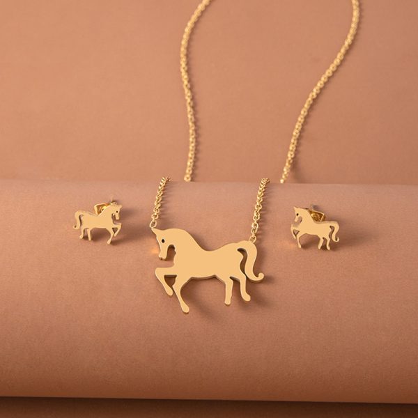 Stainless Steel Gold Silver Unicorn Horse Necklace Earrings Jewelry Set