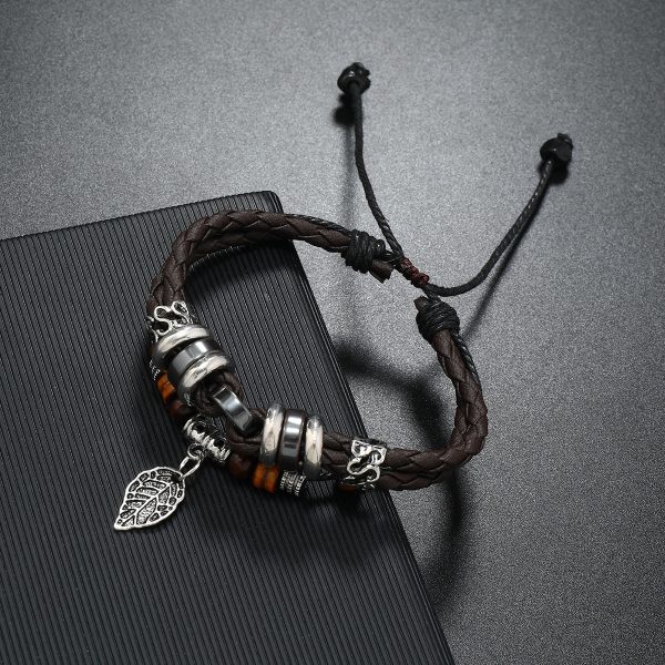 Woven Leaf Pendant Men's Leather Bracelet Simple