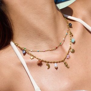 Vintage Bohemian Style Natural Gravel Double-layer Accessories Hippo Pendant Twin Necklace