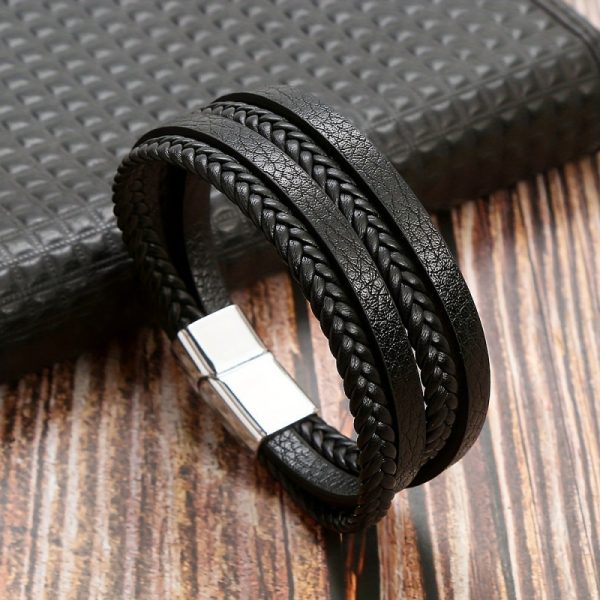 Men's Simple Pu Woven Alloy Magnetic Buckle Bracelet