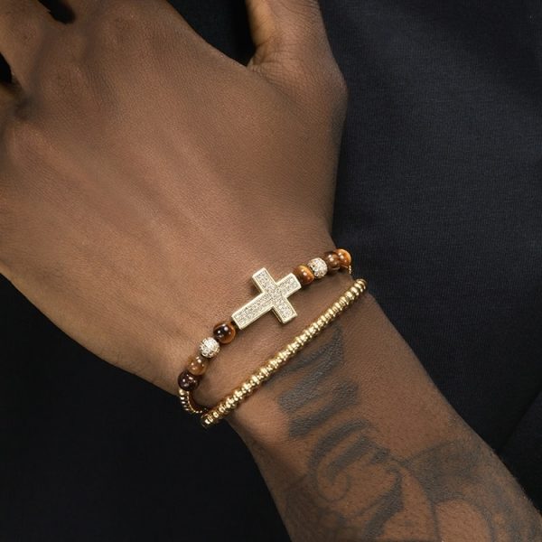 Copper gold-plated full diamond cross bracelet for men