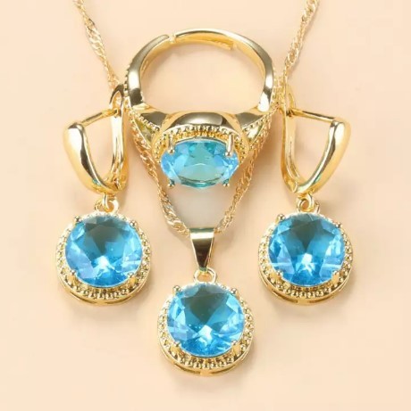 New Earrings Ring Necklace Three-piece Jewelry Set Round Zircon