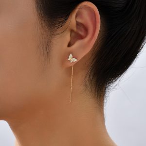 Butterfly Copper Micro Set Zircon Tassel Ear Line Femininity Senior Sense Long Tassel Face Thin Delicate Earrings