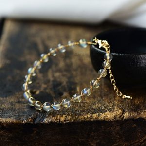 14K Gilded Natural Crystal Blue Moonstone Bracelet For Women
