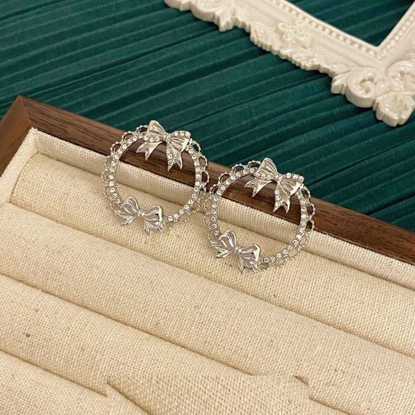 French Style Temperament Bowknot Zircon Stud Earrings Geometric Hollow Circle