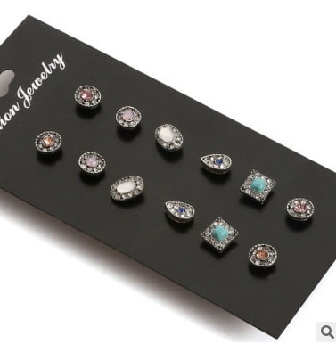 6 Pairs Set Ethnic Earrings Rhinestone  Flower Shape Stud Earring