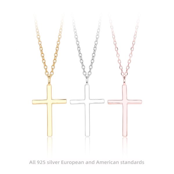 New S925 Sterling Silver Necklace Simple Glossy Cross Pendant Clavicle Chain Fashionable All Match Jewelry
