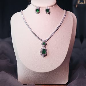 23545935804117-1.jpg Simple Pendant Dark Green Necklace Earring Set