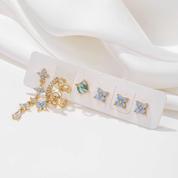 Tassel Blue Flower Earrings Set Temperament