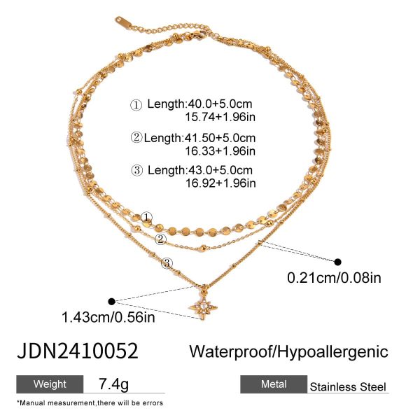 Stainless Steel Rhinestone Four Eight-pointed Stars Pendant Three-layer Necklace