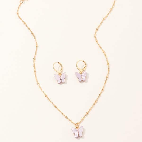Creative Fashion Resin Butterfly Necklace And Earring Set