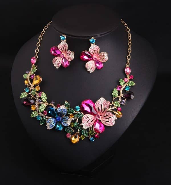 Colorful Flower Crystal Diamond Short Clavicle Necklace Earring Set