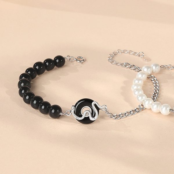 925 Sterling Silver New Chinese Obsidian Pearl Bracelet Safe Buckle Love Old Bracelet