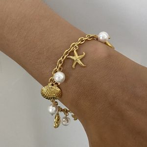 Women's Stainless Steel 18K Dold Pearl Shell Pendant Bracelet