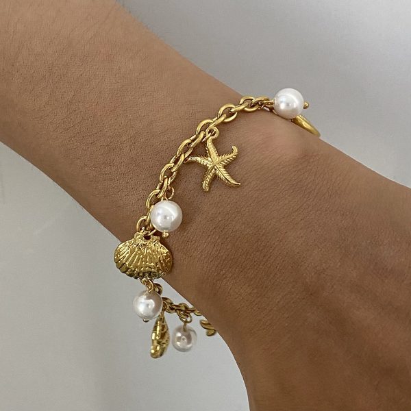 Women's Stainless Steel 18K Dold Pearl Shell Pendant Bracelet