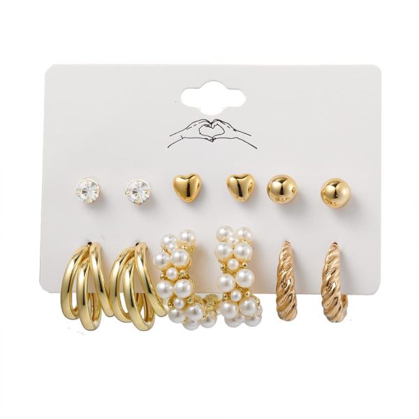 Cross-border Hot Selling Inlaid Pearl Twist Temperament Women's Earrings Set 6 Pieces Creative Retro Gold Love Heart Stud Earrings