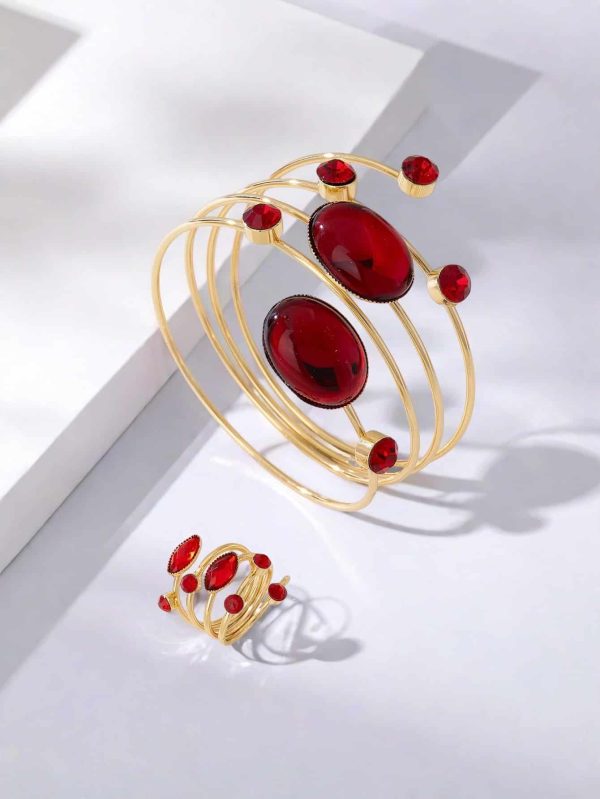 French Gem Rhinestone Round Line Winding Geometric Bracelet & Ring Set Adjustable Opening