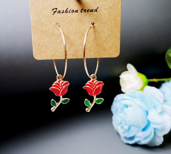 Fashion Big Circle Green Leaf Red Rose Earrings