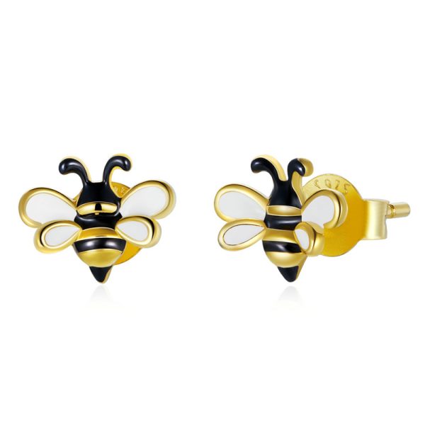 Real Gold Plated Small Bee Earrings Necklace Set, Garden Style Insect S925 Silver Jewelry