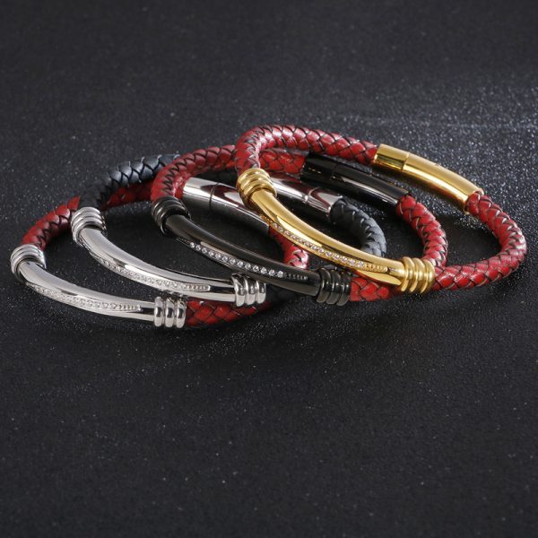 Men's Geometric Elbow Stainless Steel Diamond Leather Woven Bracelet