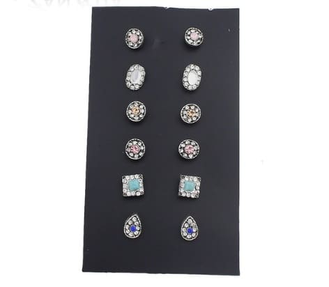 6 Pairs Set Ethnic Earrings Rhinestone  Flower Shape Stud Earring