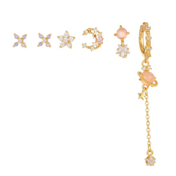 925 Silver Needle Flower Suit Combination Micro Zircon-encrusted Stud Earrings Six-piece Set Ornament