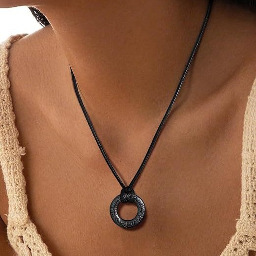 Letter Stainless Steel Ring Pendant Leather Rope For Necklace