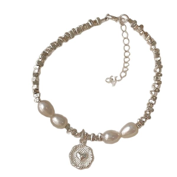 925 Silver Heart-shaped Broken Silver Pearl Bracelet