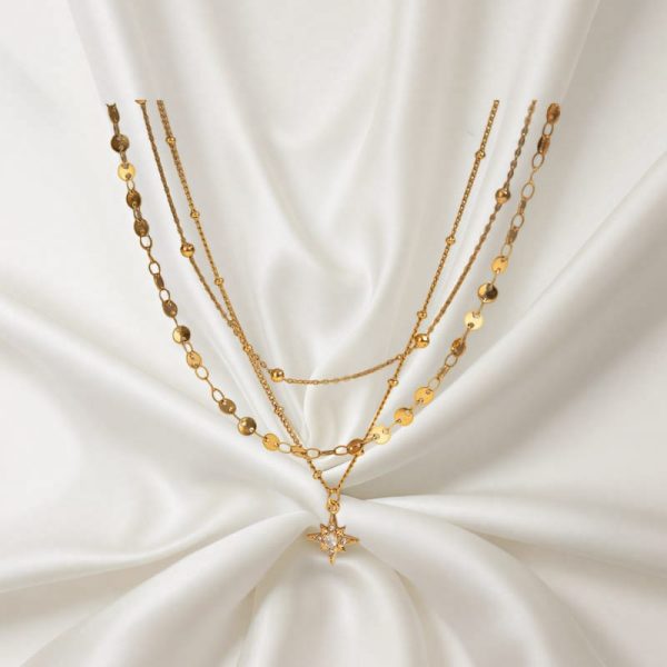 Stainless Steel Rhinestone Four Eight-pointed Stars Pendant Three-layer Necklace