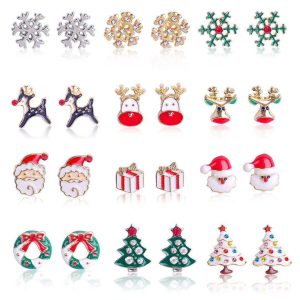 Christmas Stud Earrings Diamond Snowflake Set