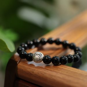 Natural 10MM Black Agate Bracelet Women's Sterling Silver