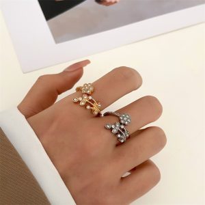 Full Diamond Flower Leaves Female Niche Open Ring